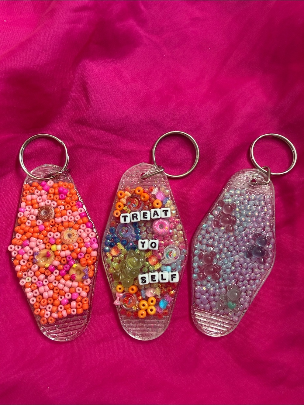 Handmade Pink & Multi Bead Keychain Trio - Treat Yo Self Treats Theme